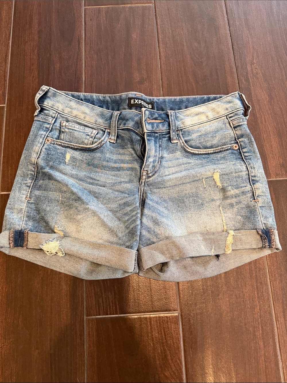 Express Light Blue Distressed Rolled-Hem Jean Shorts